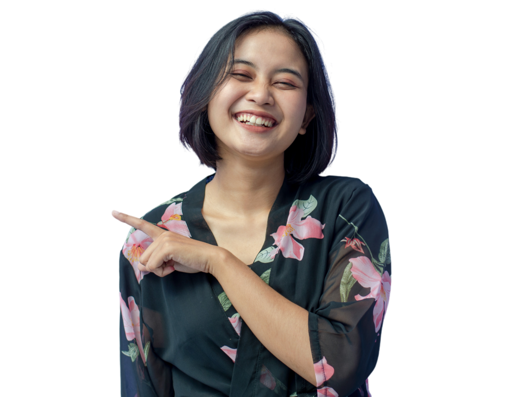 Smiling woman in a floral top pointing her index finger to the right, used as a call-to-action.